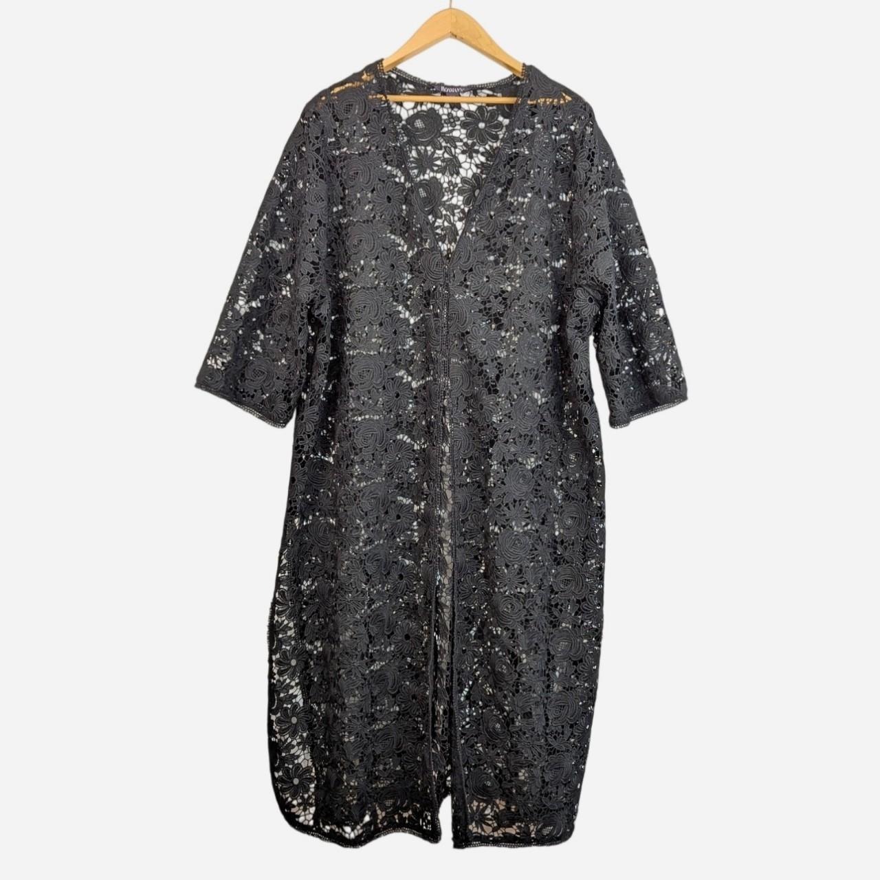 Roaman's Black Floral Crochet Lace Duster Cardigan 26w
